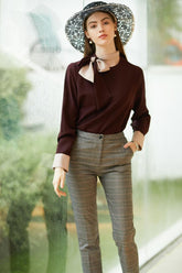 Satin Brown Neck-tie Long sleeve Blouse - FashionByTeresa